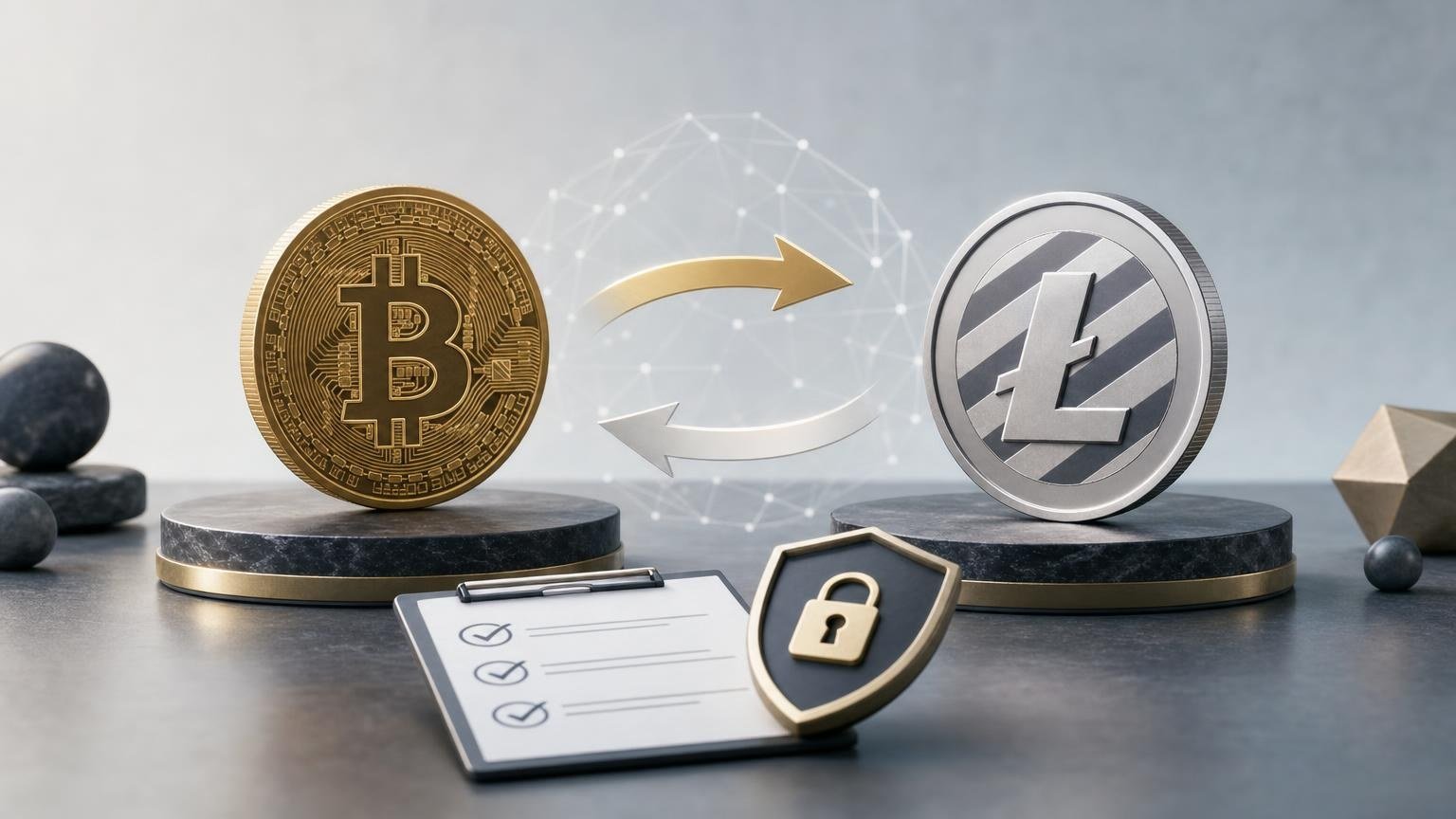 A beginner reviewing the BTC amount, Litecoin receiving address, networks, rate, fees, and order details before confirming a crypto exchange
